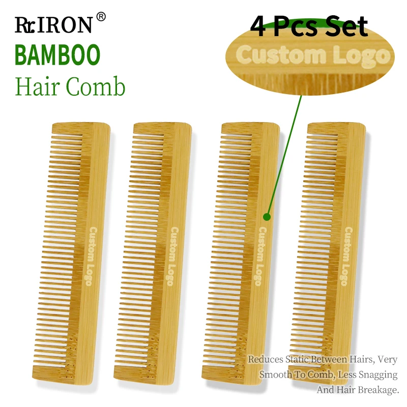 

RIRON 4 Pcs Set Custom Logo Eco Friendly Bamboo Wood Combs For Women Anti-Static Hair Brush Fine Toothed Hair Care Comb