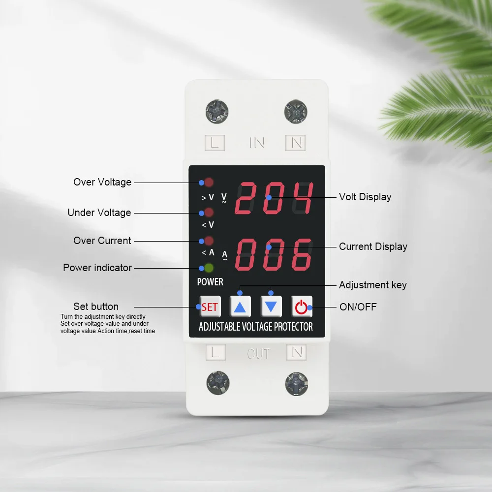 

Din Rail Dual Display 63A AC230V Adjustable Digital Over And Under Voltage Relay Surge Protector Limit Over Current Protection