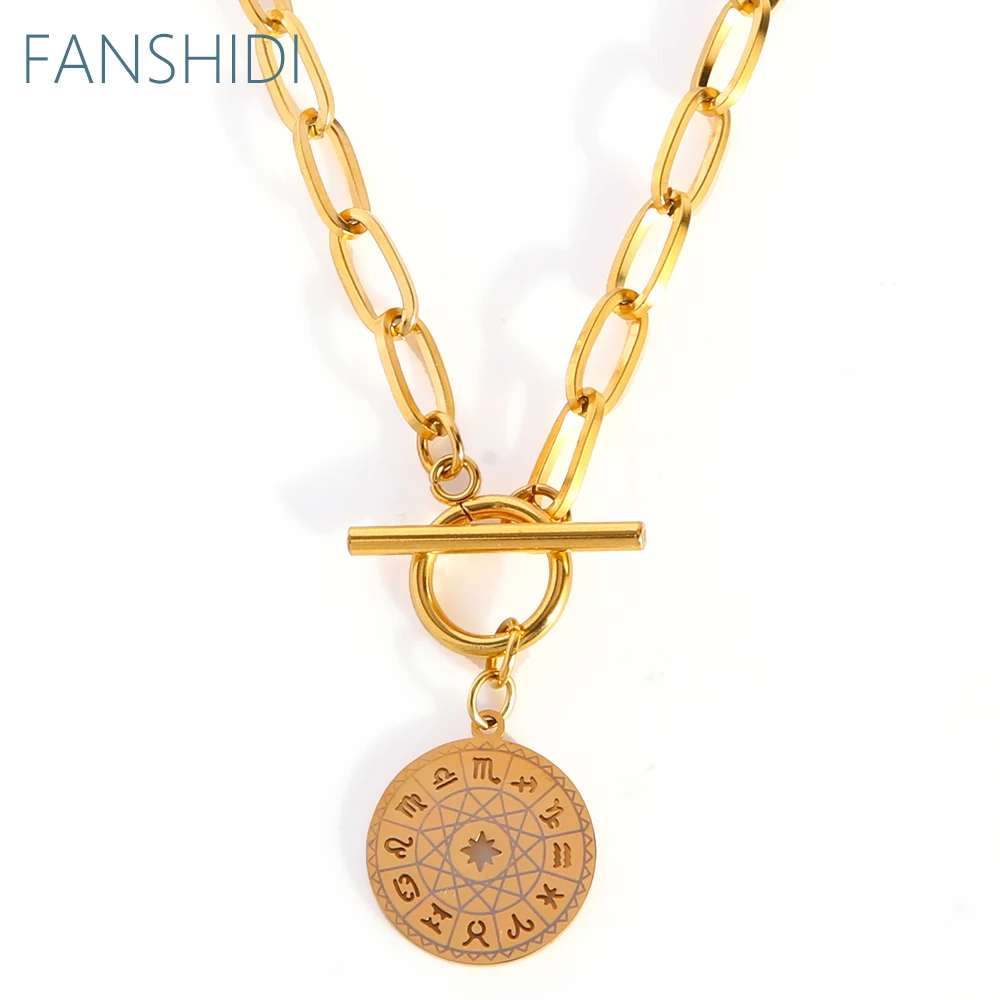 

FANSHIDI 12 Zodiac Constellation Charm Necklaces Stainless Steel Medallion Choker Chunky Chain Birthday Gifts