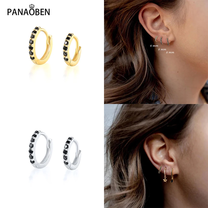 

Fashion 925 Sterling Silver Earrings for Women Cool Girls Jewelry Black Zircon Crystals Hoop Punk Classic Oorbellen Voor Vrouwen