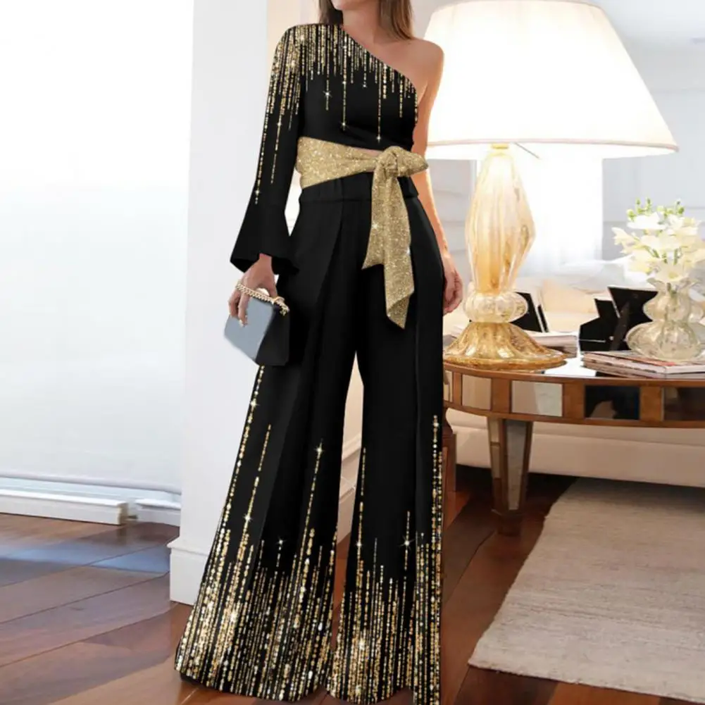 

Women Casual Outfit Bandage Bowknot High Waist Women Outfit Shiny Glitter Halter Party Women Wide Leg Set Spring Top Pants Set