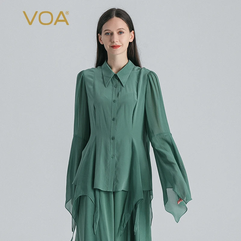 

VOA Green Crepe De Chine Mulberry Silk Polo Collar Splice Georgette Flare Long Sleeve Tops Single Breasted Silk Shirt New BE1280