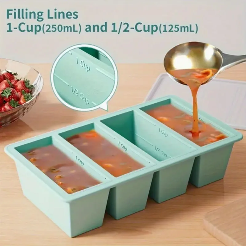 1pc Giant Storage For Food Meal Sauce With Lid Silicone Freezer Trays Extra Large Soup Ice 4 Cubes Tray Freezing Molds