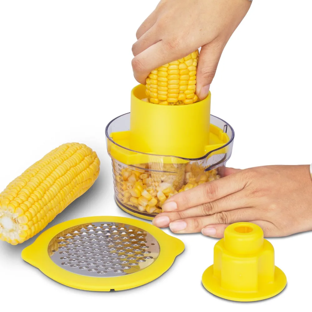 

4in1 Kitchen Slicer Peeler Ginger Sharpener Corn Planer Grain Separator Cob Corn Stripper With Built-In Measuring Cup And Grater