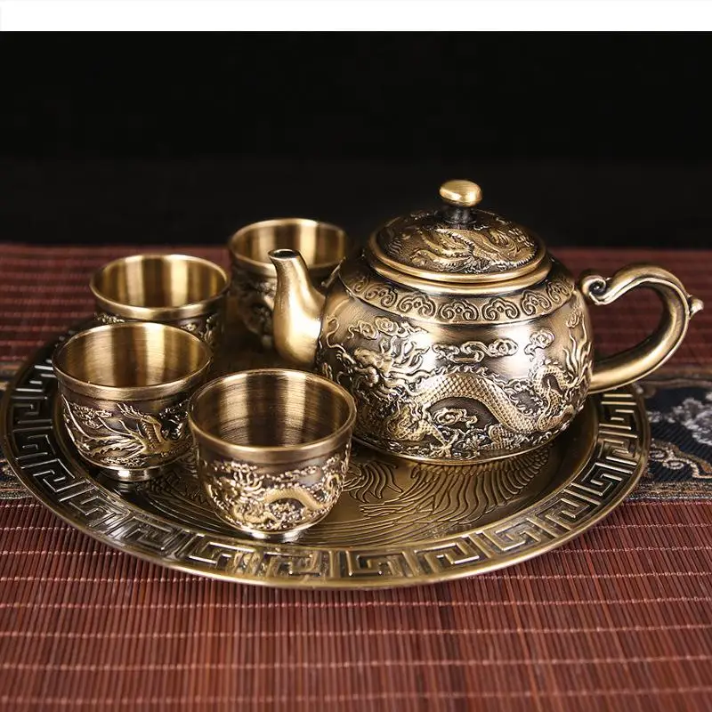 

Chinese Metal Tea Set Dragon Phoenix Kung Fu Tea Sets with Tray Tea Cup Set of 6 Teacup Teapot Tea Making Utensils Teaware Sets