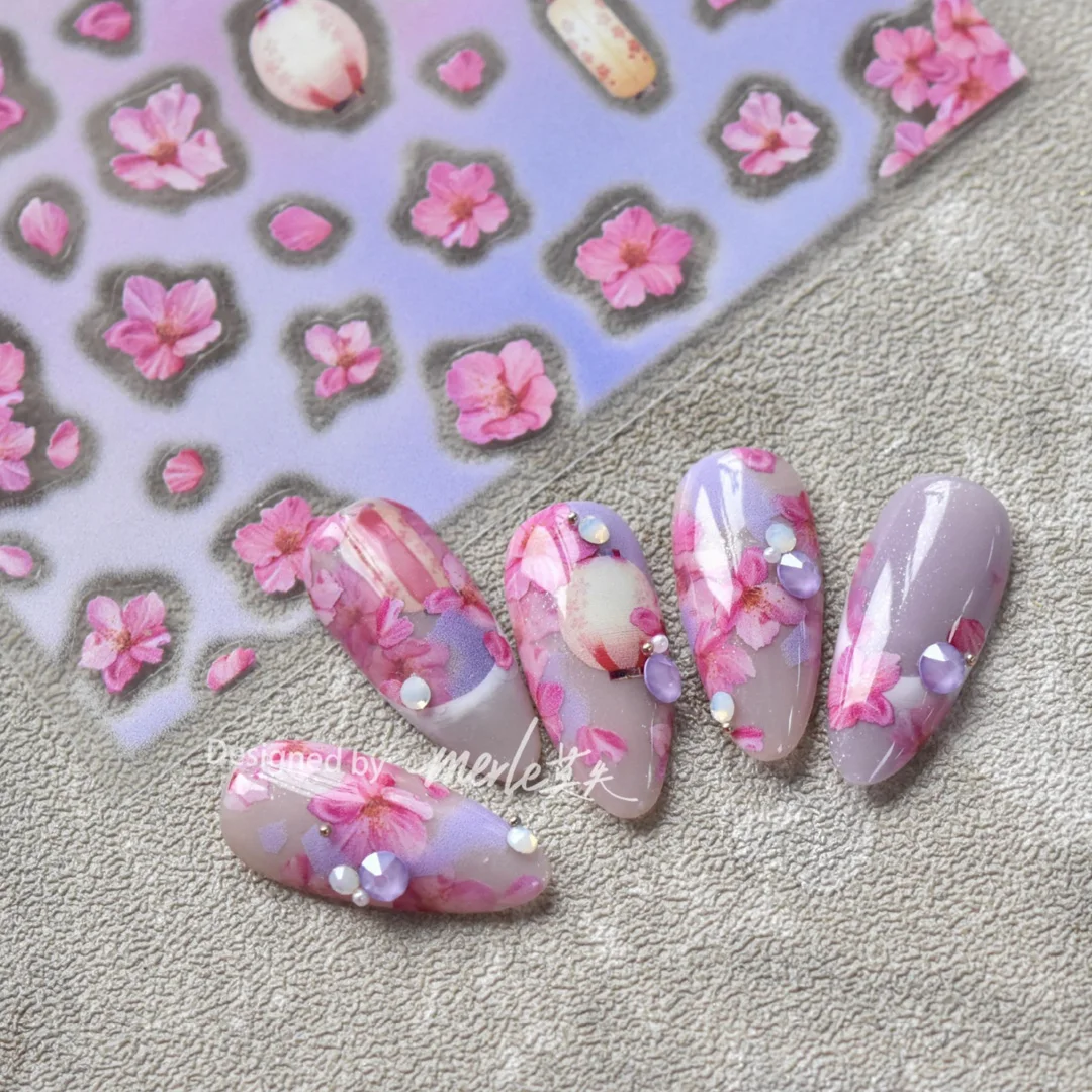

Spring Pink Flowers Cherry Blossoms Nail Sticker 3D Engraved Nail Stickers Sakura Nail Art Decorations Nail Decals Design