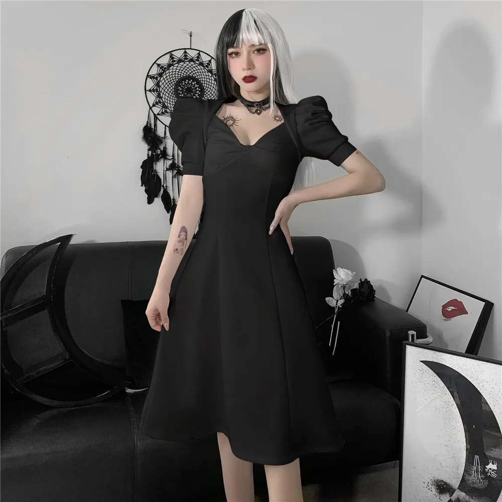 

Retro Women Darkness Dress Gothic Style Long Sleeve Solid Color Puff Short Sleeves V-neck Pullover Spring Fall Dress For Ladies