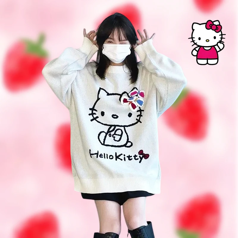 

Kawaii Hello Kittys Sweater Sanrio Knitted Pullover Girls Cartoon Student Anime Leisure Loose Long Sleeve Coat Toys Gifts
