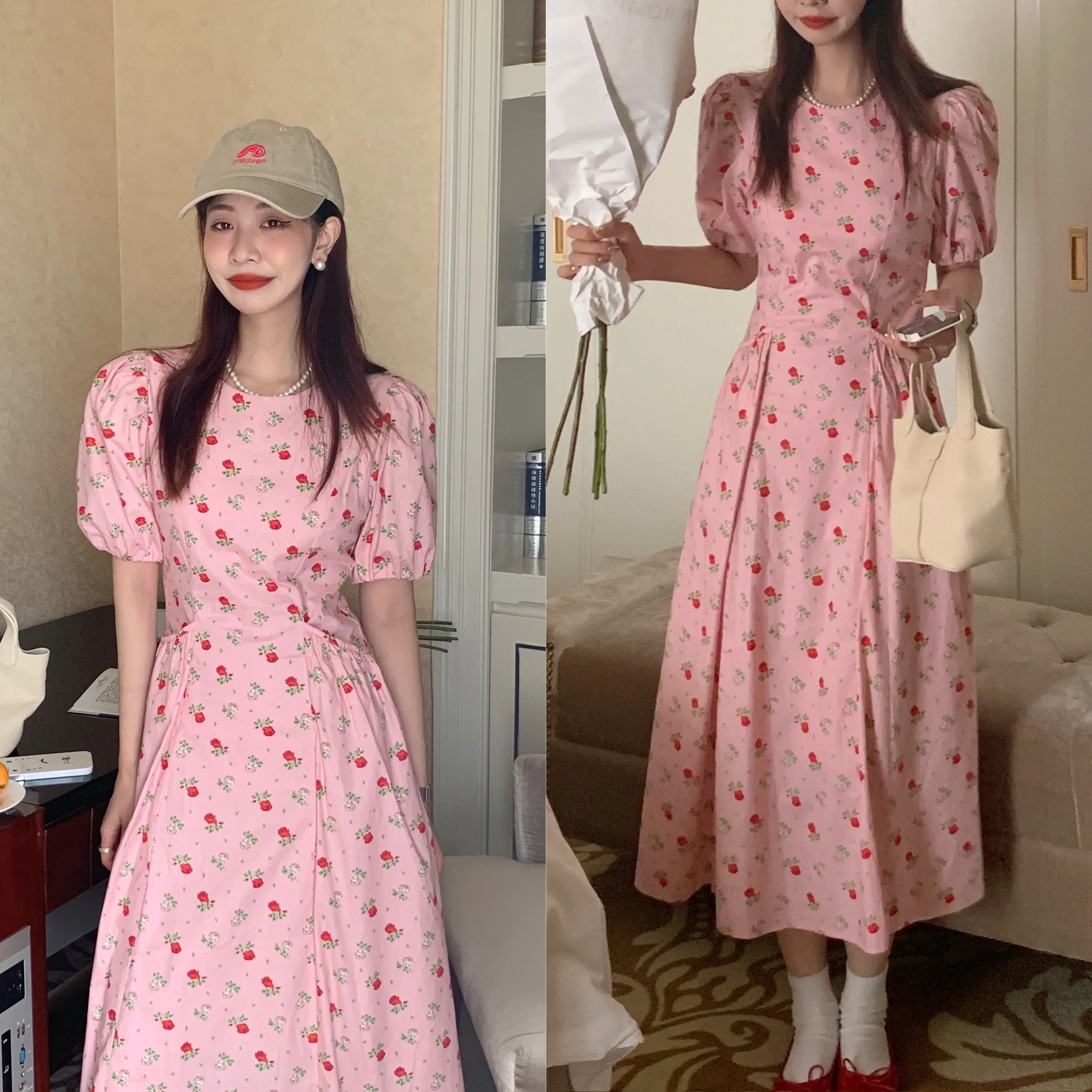 

Полноэкранное розовое платье для девушек с цветочным принтом и рукавами-фонариками