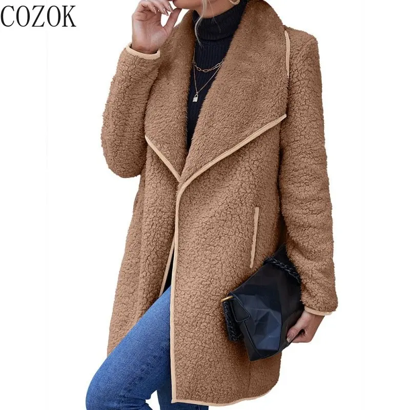 European And American Loose Casual Large Lapel Irregular Mid-Length Double-Sided Plush Coat Furry Trench Coat And Overcoat Women