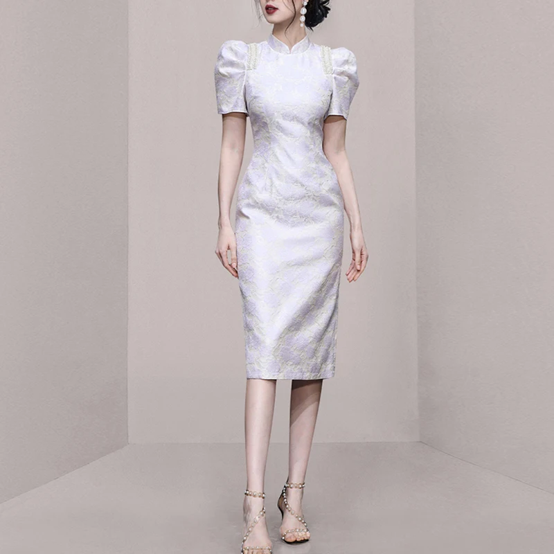 

Vintage Chinese style Cheongsam Dress Women Elegant Jacquard Korean Party Dress Puff Sleeve Summer Midi Slim Dresses for Women
