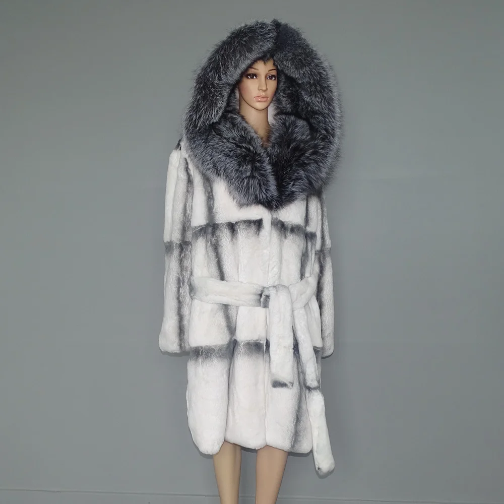 Winter Women Luxury Lexus Rex Rabbit Fur Coat Long Real Fur Coat Large Silver Fox Fur Collar Thick Warm Fashion Streetwear