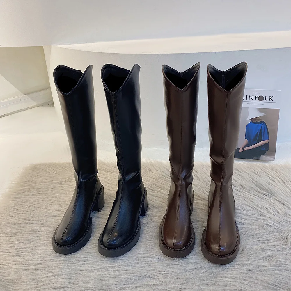 

Retro Plus Velvet But Knee-high Fashion Boots Women's Autumn and Winter Warm British Fashion Wild Thick Heel Round Toe Boots