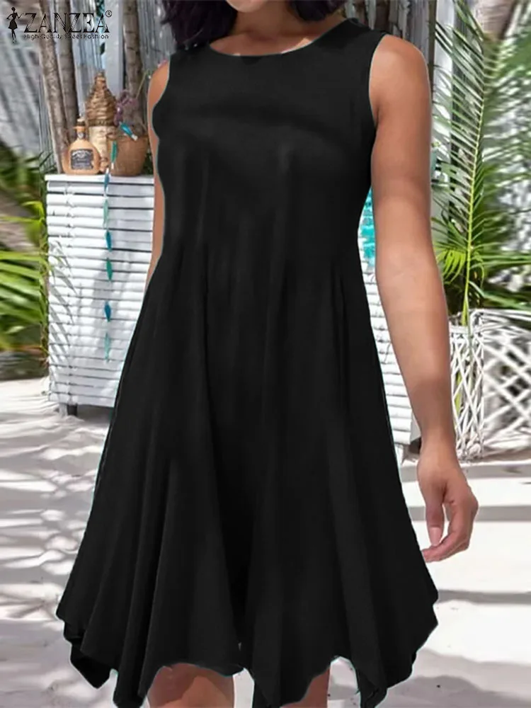 

Повседневное летнее Мини-Платье ZANZEA без рукавов с круглым вырезом модный пляжный сарафан с асимметричным подолом праздничное женское однотонное платье на бретелях