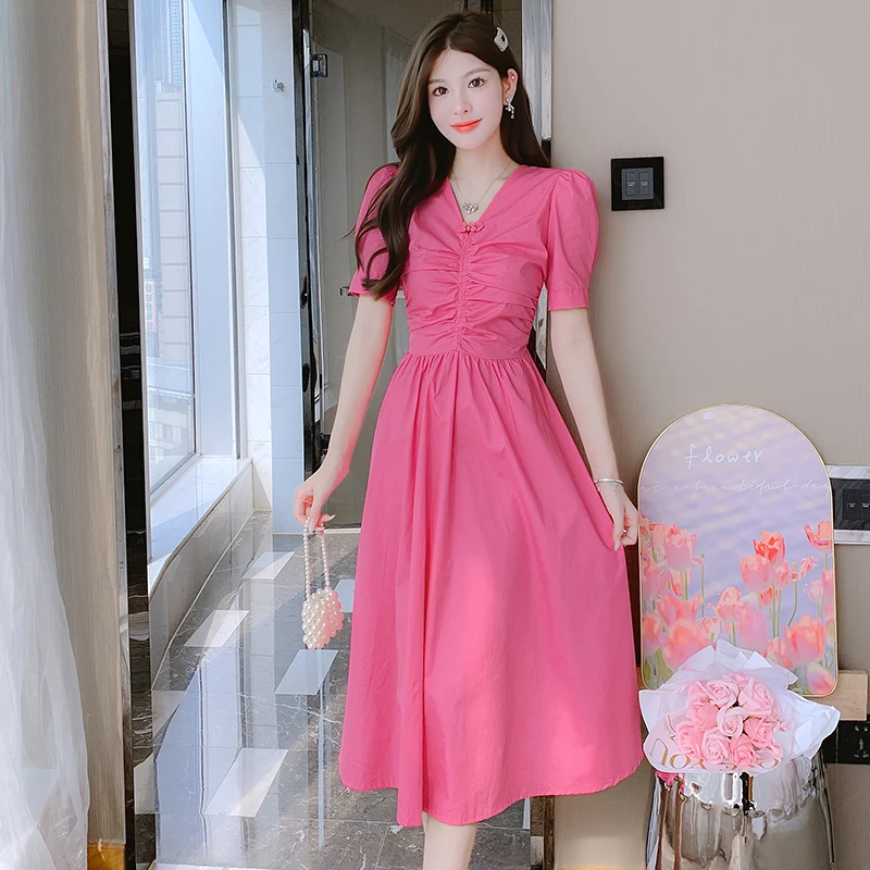 

Женское платье с V-образным вырезом, розово-красное эластичное платье средней длины на пуговицах в виде лягушки с пышными рукавами на спине, лето