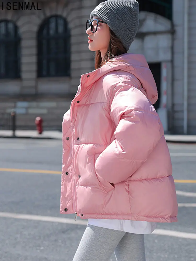 Hooded Women WInter Padded Parka Solid Blue Pink White Female Warm Korean Style Oversized Loose Coat Short Jacket Puffer