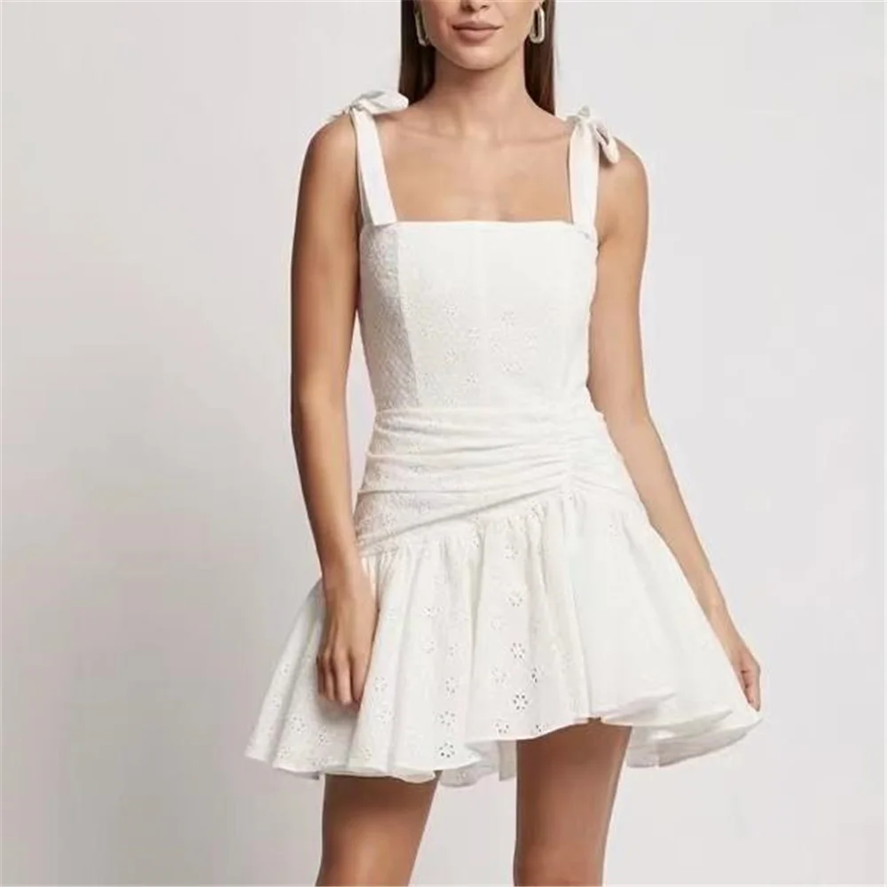 

White lace dress women elegant casual sundress sexy elegant party dresses mini Summer dress ruffle ruched backelss embroidery