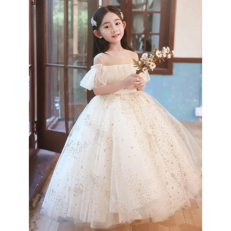 

New Princess 2022 Summer Kids Girls Lace Bridesmaid Party Flower Dress Children's Clothes Costume Wedding O-neck Dresses L25