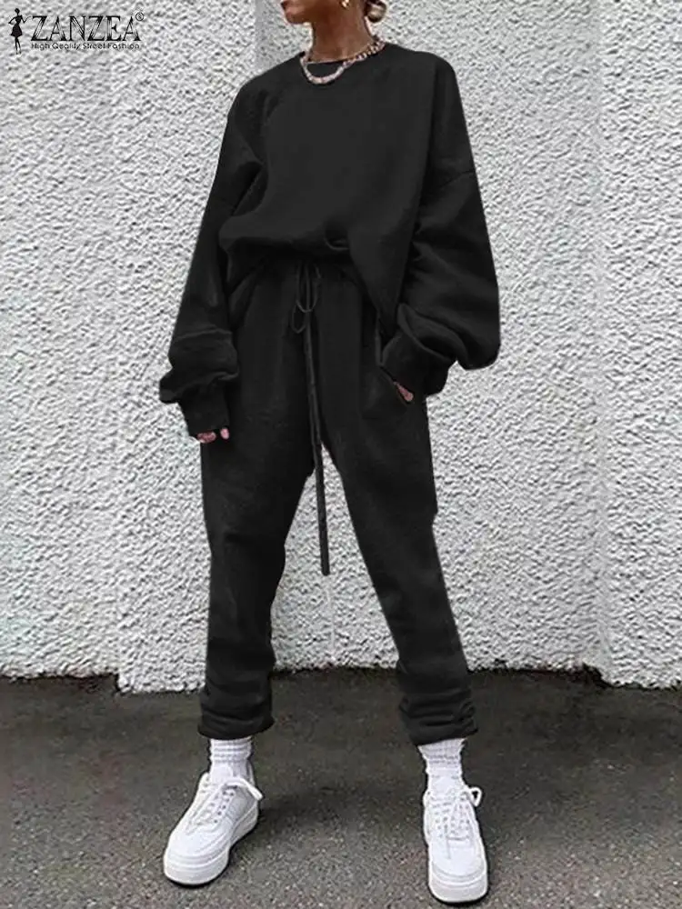 

Весна 2023, Модные Винтажные спортивные костюмы ZANZEA, повседневные однотонные подходящие комплекты из 2 предметов, свободные брюки с эластичным поясом и Топ с длинным рукавом