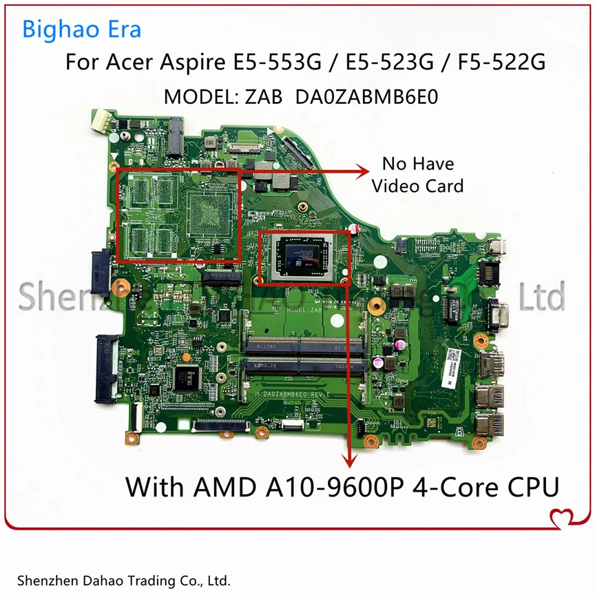 

Материнская плата для ноутбука Acer Aspire E5-523 F5-522 E5-553G DA0ZABMB6E0 с A10-9600P AMD CPU DDR4 NBGES11005 NB.GES11.005