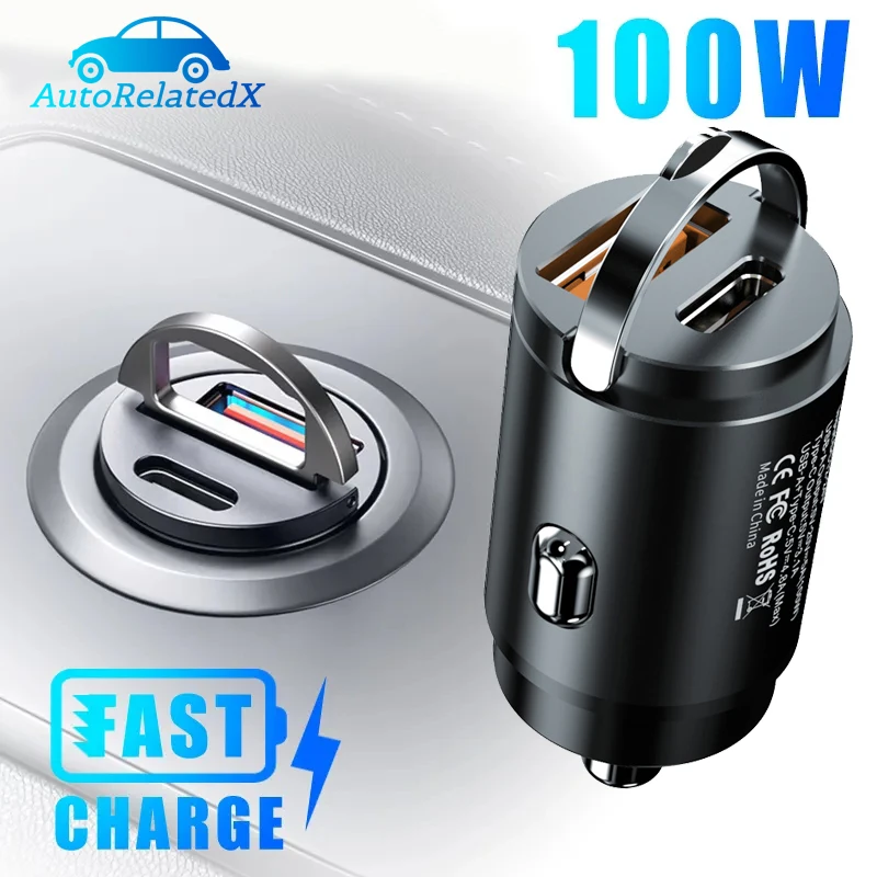 

100W Car USB Charger Super Charge USB-A USB-C Cigarette Lighter Adapter Hidden Phone Charger for iPhone Xiaomi Huawei Samsung