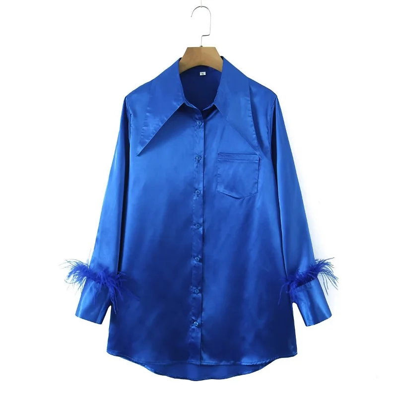 

Bmissingyou Royal Blue Feather Long Sleeve Fashion Women Notched Shirts Single Breasted Loose Fit Blouse for Lady With Pocket