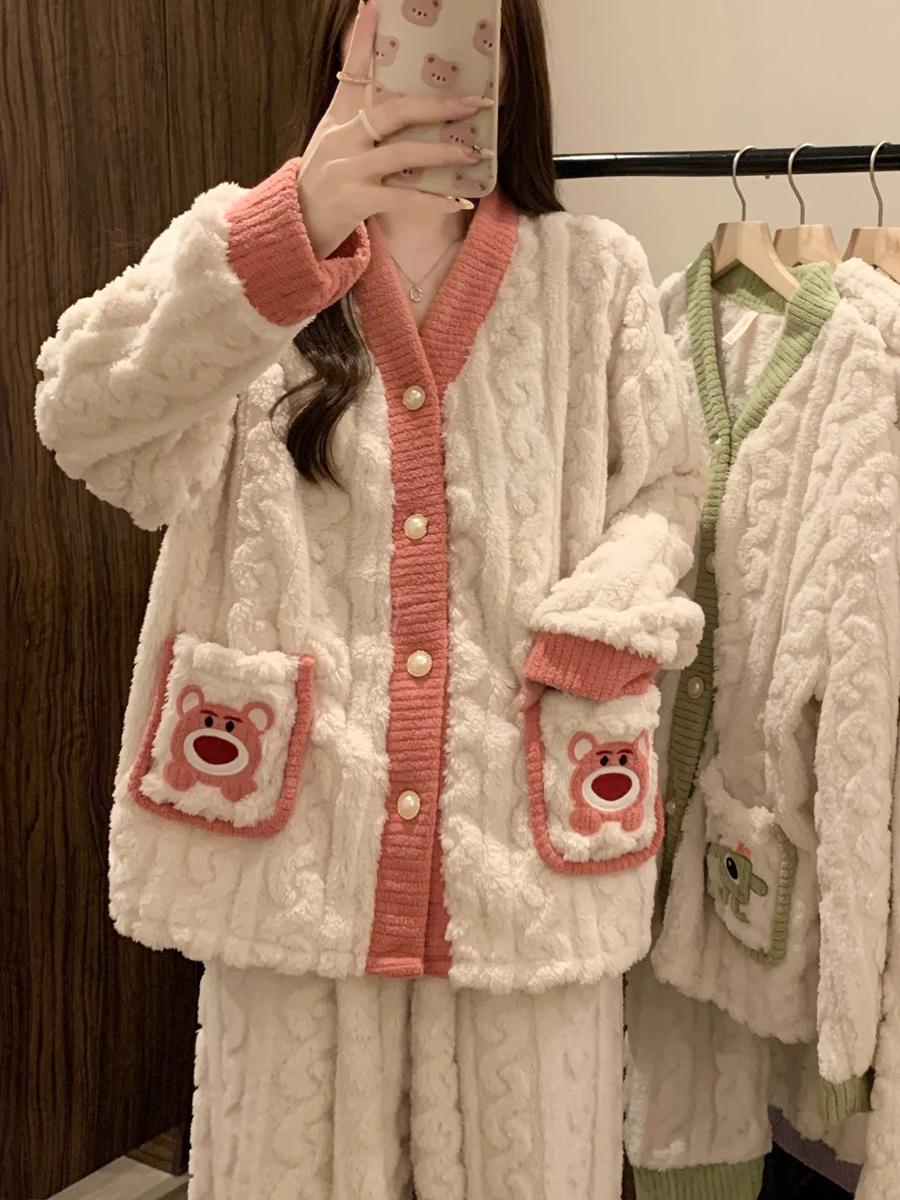 Интернет-знаменитости пижамы из кораллового флиса с клубничным медведем женские