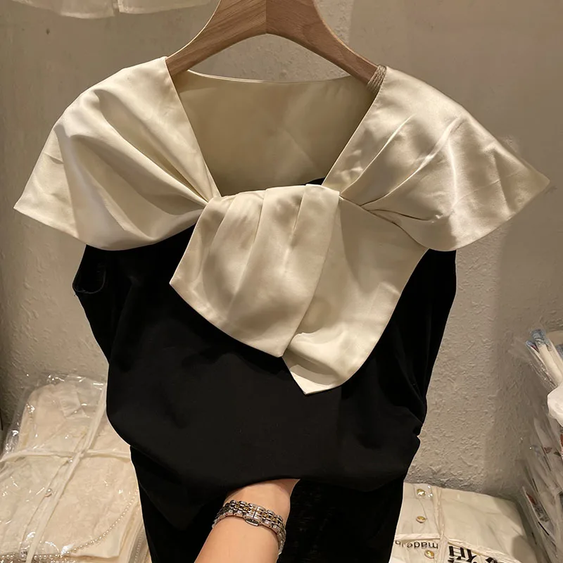 

Flying Sleeves Color Contrast Bow Short Sleeve T-shirt Women's Summer Black Tees Tops 2023 Summer New