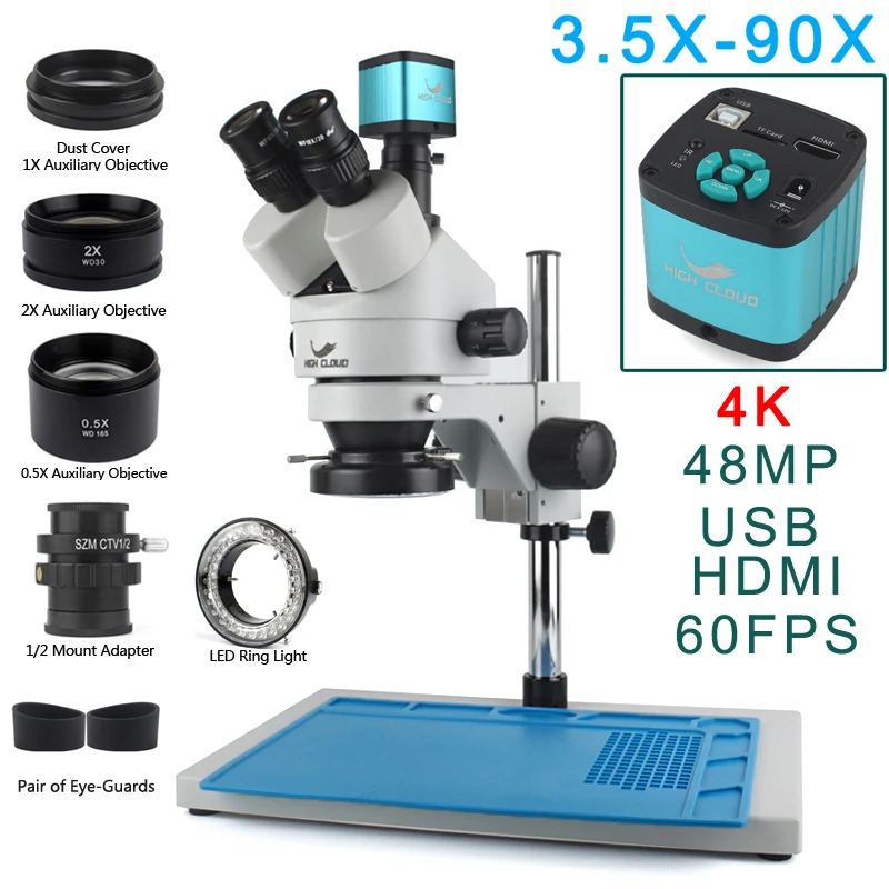 

4K 2K 48MP HDMI USB VGA Microscope Camera 7X-45X Simul-Focal Stereo Trinocular Zoom Microscope Set With Auxiliary Objective Lens