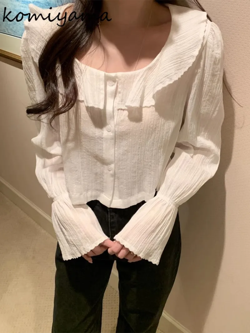 Женские рубашки с милыми оборками блузки расклешенными длинными рукавами Blusas Mujer