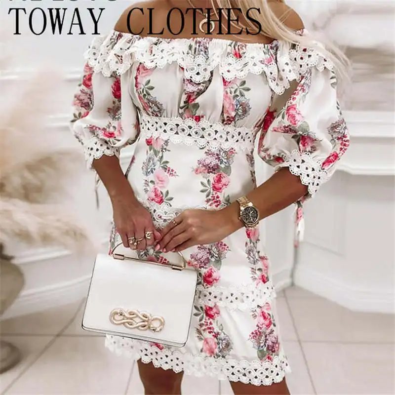 

Women Chic Slash Collar Three Quarter Lantern Sleeves Lace Patchwork Floral Print Sexy A-line Sweet Party Dress