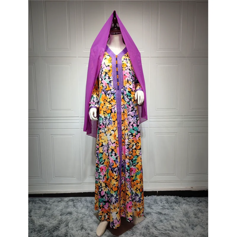 

Eid Ramadan Muslim Abayas Floral Print Women Hijab Dress Dubai Islamic Turkey Kaftan Long Robe Femme Musulmane Caftan Clothing