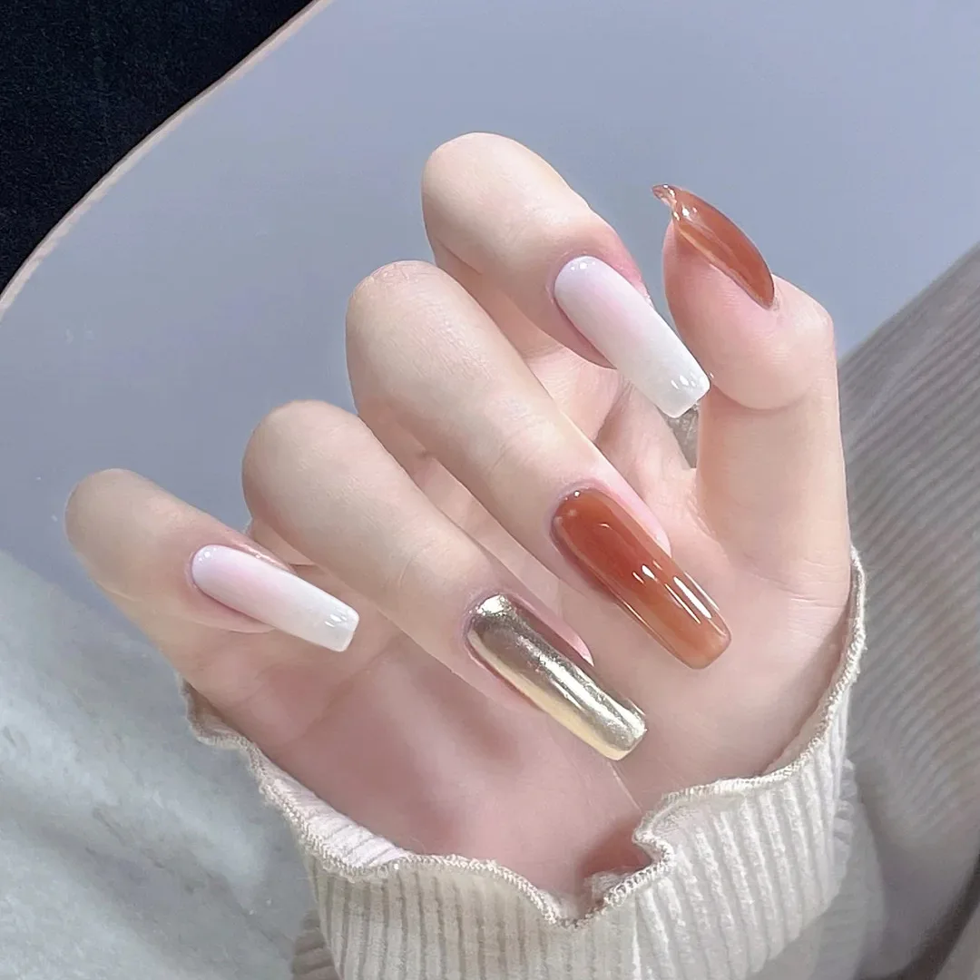 

24 Pieces/box of Autumn Caramel Long T False Nail Art Complete Set of Removable False Nail Ballet Dancers Nail Tips