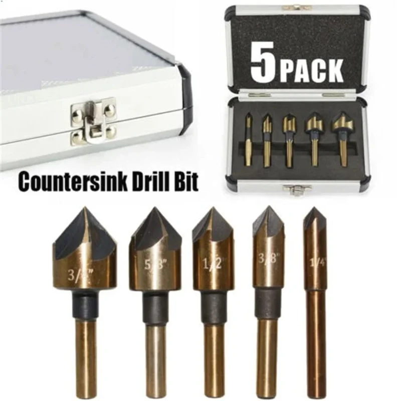 

5 Pcs/Set Industrial Countersink Drill Bit Set Tri-Flat Shank Quick Change 1/4"-3/4" Kit Woodworking Professional Tools With Box