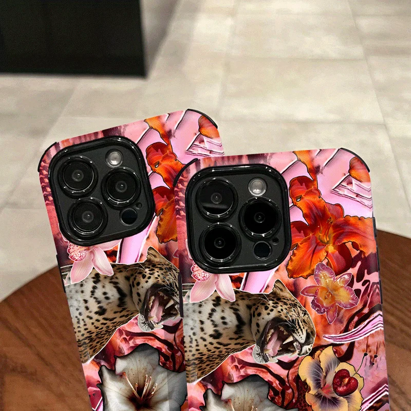 Фото Для iPhone 17 Pro Max чехол розовый Oleander с леопардовым принтом матовый тонкий, совместимый с iPhone 17, 16, 15, 14, 13, 12, 11 №2