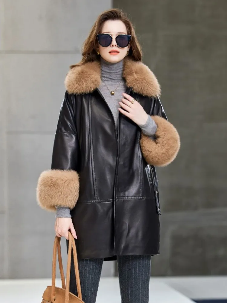 Женское зимнее пальто из натуральной кожи с воротником лисьего меха
