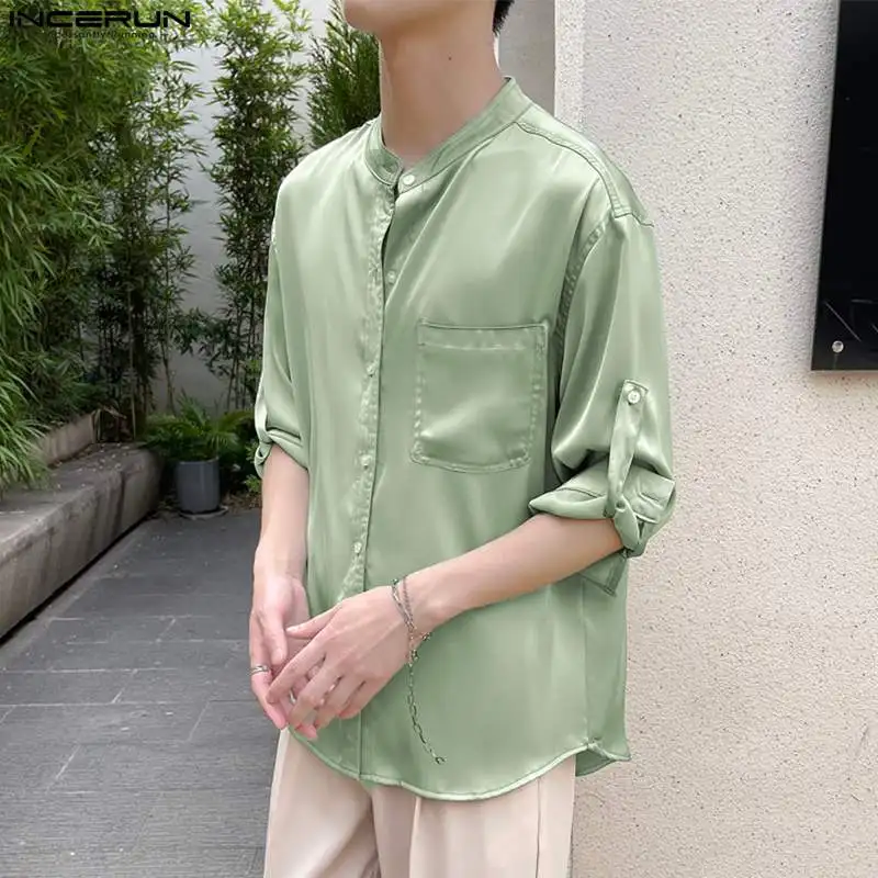 

INCERUN Tops 2023 Korean Style Men's Fashion Solid Color Comfortable Satin Shirts Casual Well Fitting Medium Sleeve Blouse S-5XL