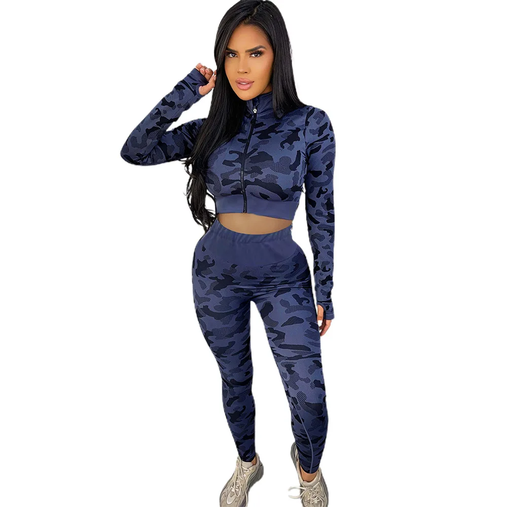 

Fashion Women Camouflage Two Piece Set Girl's Cropped Zip Up Tops Pencil Pants Suit Female 2PCS Outfits Lady's Jogger Sets