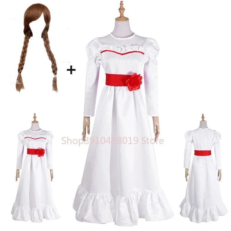 Anime Conjing Doll Annabelle Dresses Cosplay Costumes Ghost Doll White Dress Skirt Women Girls Kids Wig Christmas Party Gifts