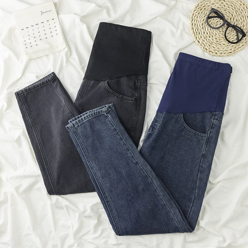 

121# Spring Denim Maternity Straight Jeans Wide Leg Loose Elastic Waist Belly Casual Pants Clothes for Pregnant Women Pregnancy