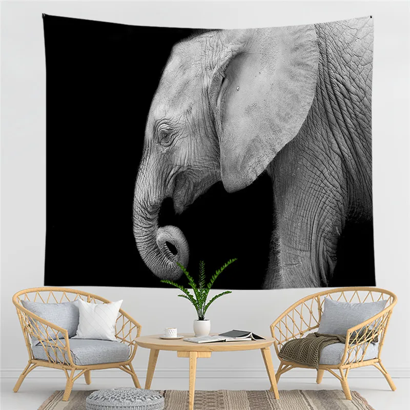 

Black White Elephant Tapestry African Wildlife Theme Wall Hanging Curtain Polyester for Living Room Bedroom Dormitory Decoration