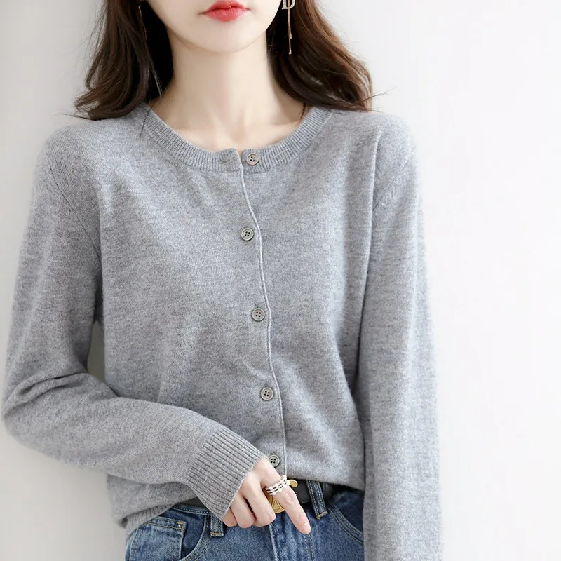 

Spring Thin Cardigan 2022 New Women's Office Lady Pure Color Top Knit Sweater Long Sleeves Women Round Neck Cardigan Jacket