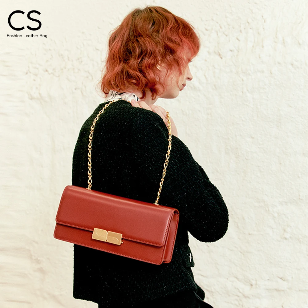 CS Women Fashion Real Genuine Leather Shoulder Bags Luxury Chain Metal Lock Flap Handbags Brand Design Ladies Solid Color Purse