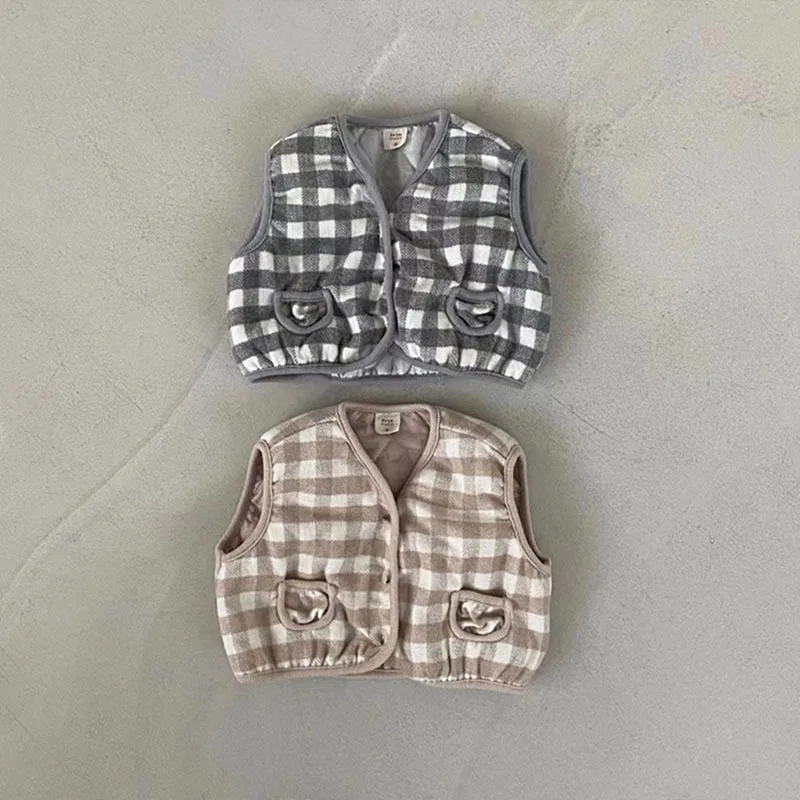 

2022 Autumn Winter New Kid's Clothes Girl Baby Plaid Pockets Vest Children Boy Cardigan Sleeveless Tops Newborn Cotton Waistcoat