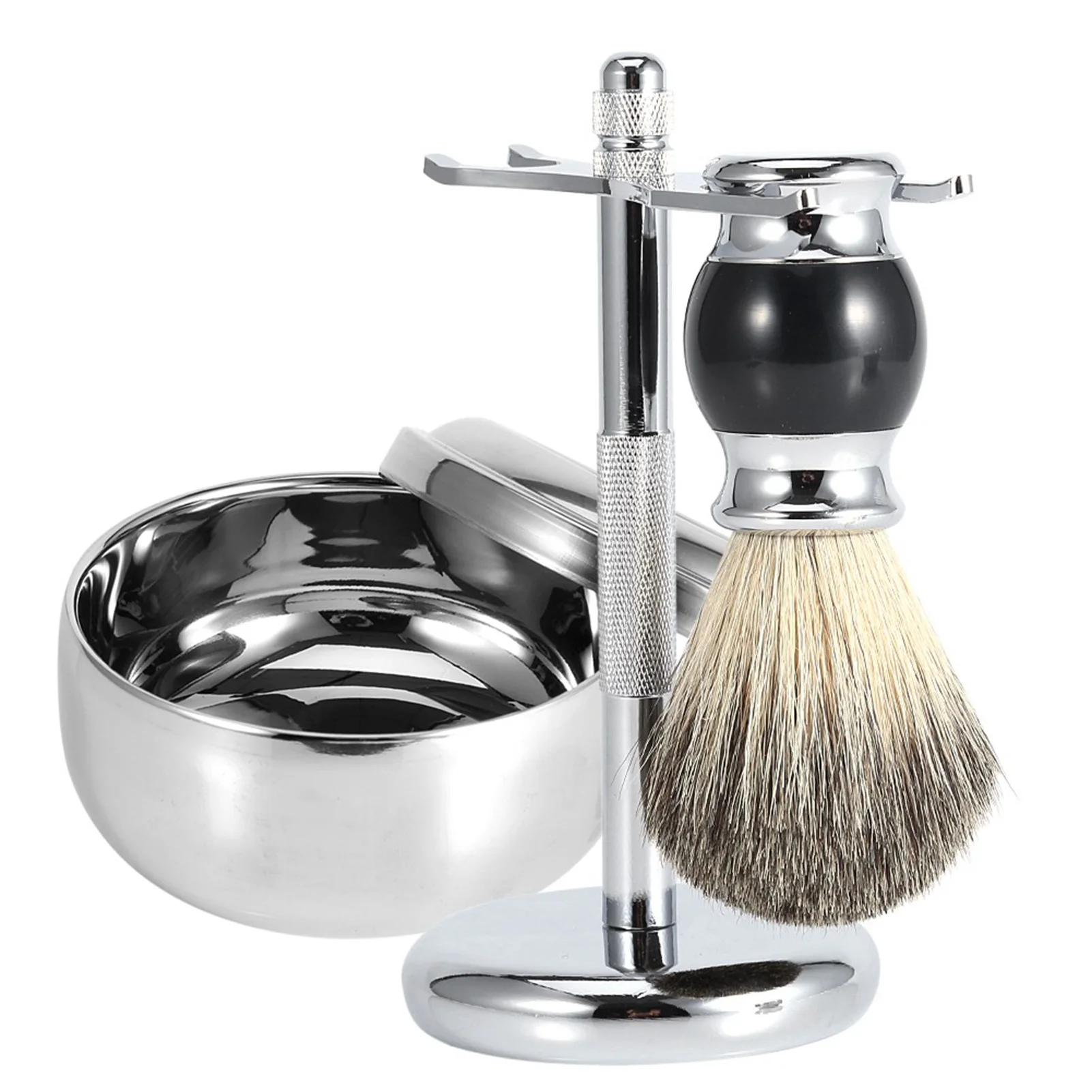 

Professional Men Shaving Tool Stand Holder Faux Badger Hair Brush Alloy Soap Mug Bowl Kit