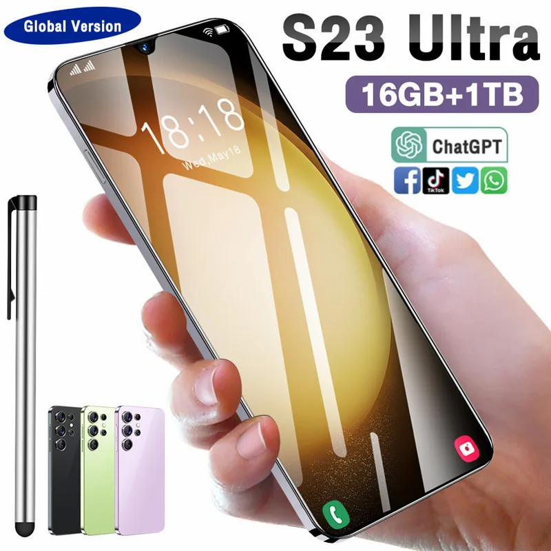 

Мобильный телефон S23 Ultra 7,3 HD экран смартфон оригинальный 16 ГБ + 1 ТБ телефон с двумя Sim-картами Android разблокированный 7800 МП мАч сотовый телефон
