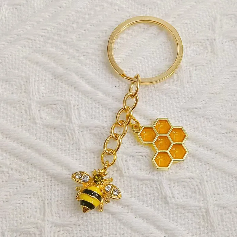 

Cute insect enamel bee keychain fashion geometric honeycomb bee 3D printed glass dome key ring chain bumblebee trinket