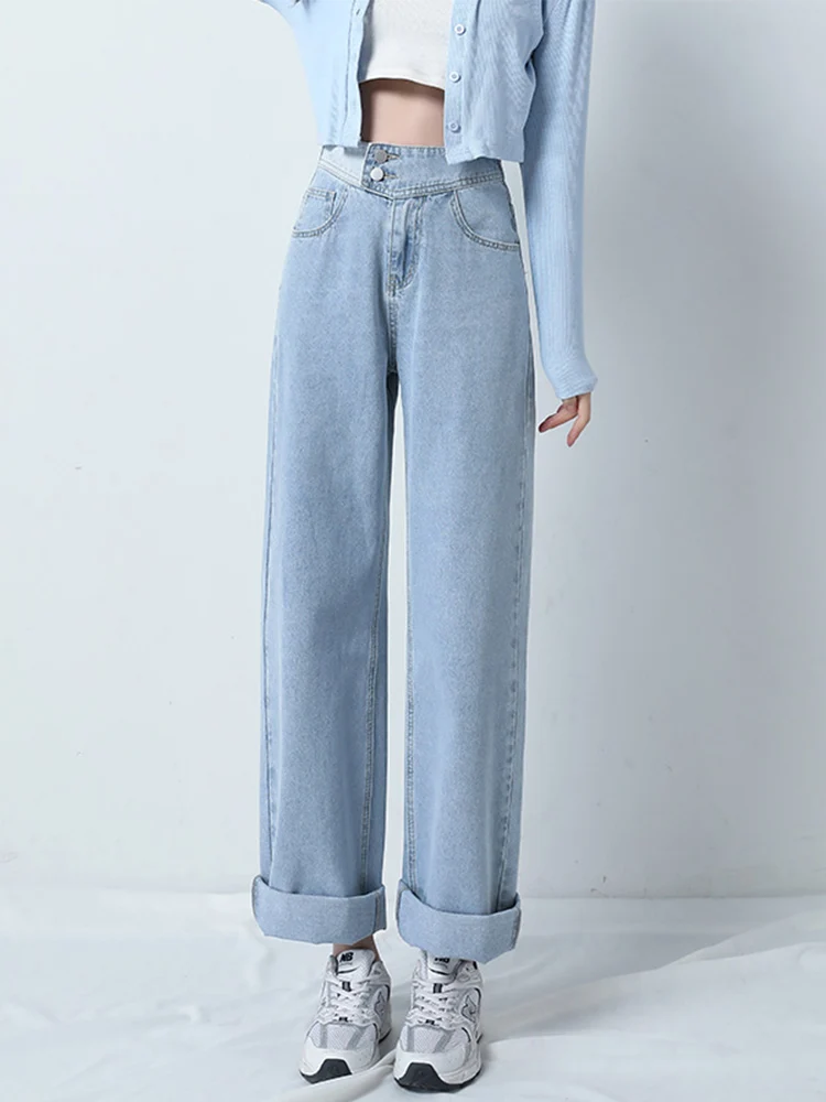 Jeans Hight Waist Women Mom Fashion Elastic Waist Denim Pants Straight Leg Loose Fit Streetwear Summer Style Baggy Trousers