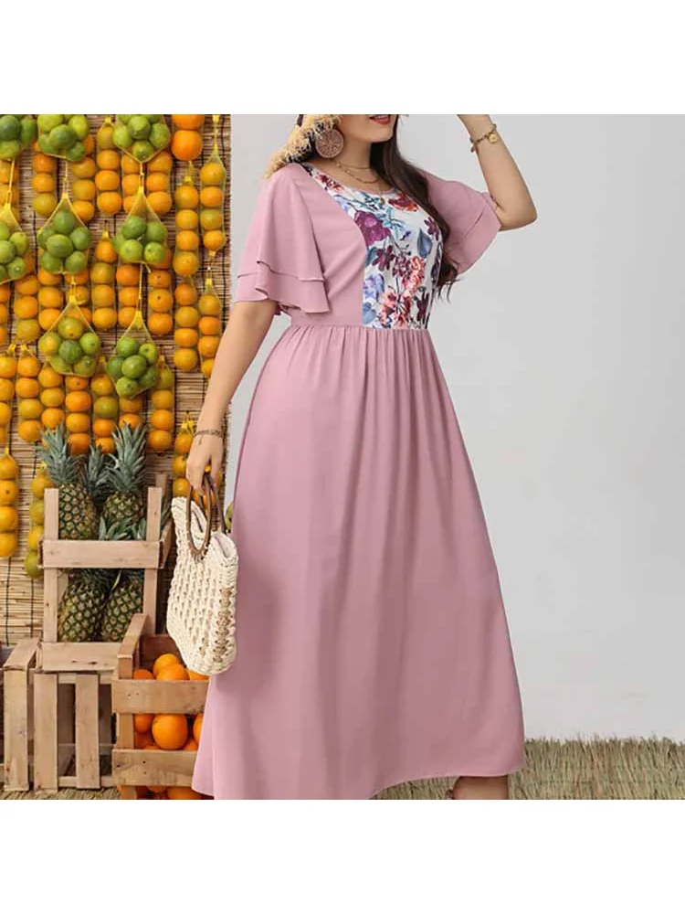 Middle East round neck mid-waist color matching large size women's dress color matching plus size dress
