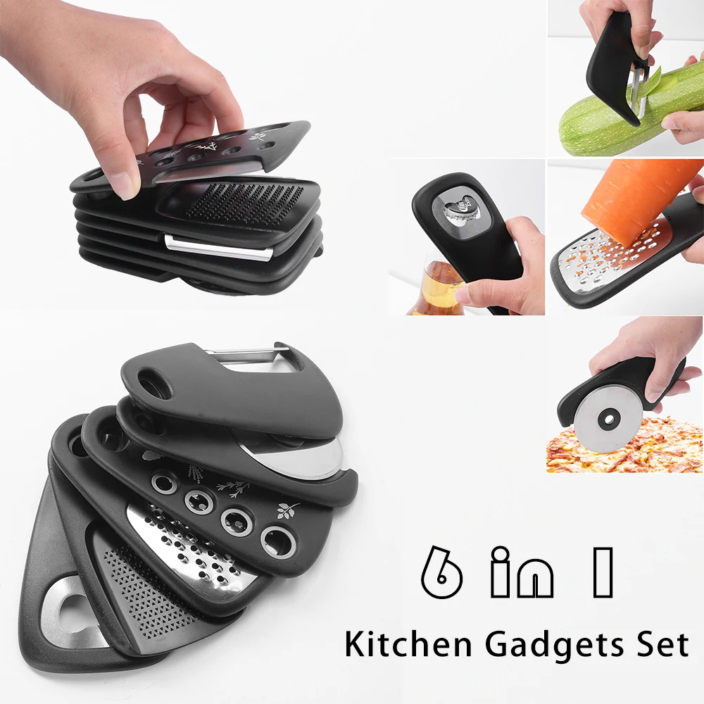 

6-in-1 Stackable Kitchen Gadget Can Opener Cheese Shaper Pizza Knife Dough Crimper Kitchen Pizza Tools